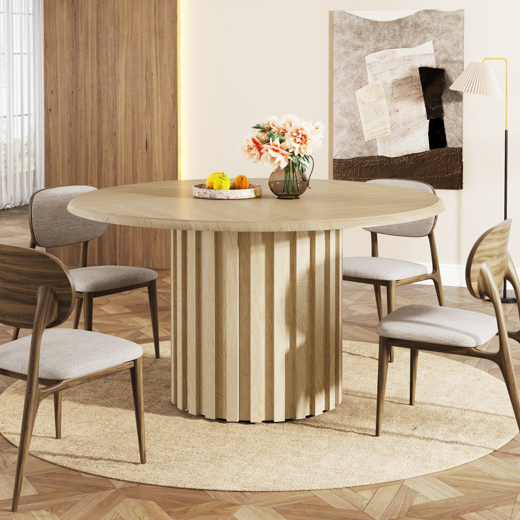 Round Dining Table, 43.3" Farmhouse Kitchen Table with Metal Base for 4