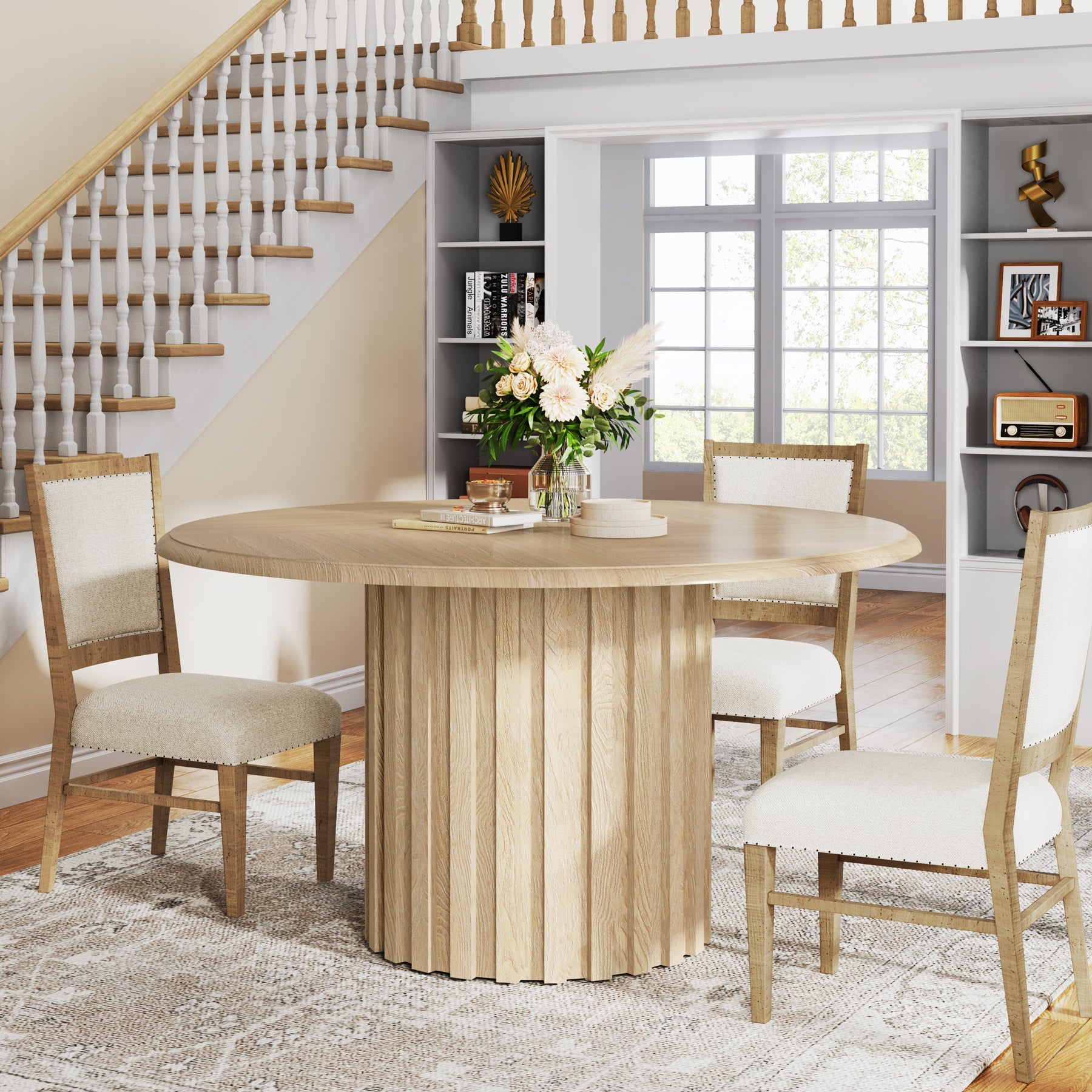 Round Dining Table, 43.3" Farmhouse Kitchen Table with Metal Base for 4