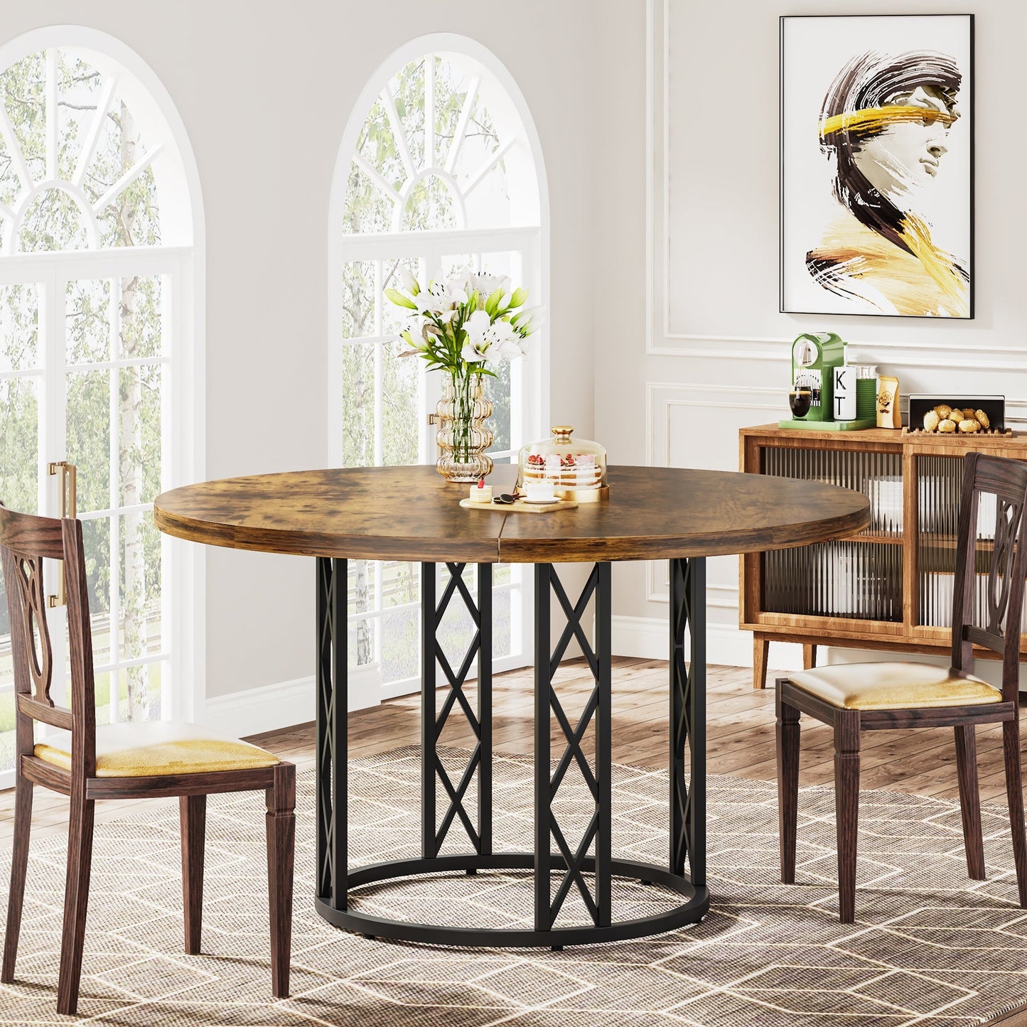 Round Dining Table for 4 People, 47" Kitchen Table with Metal Base Tribesigns