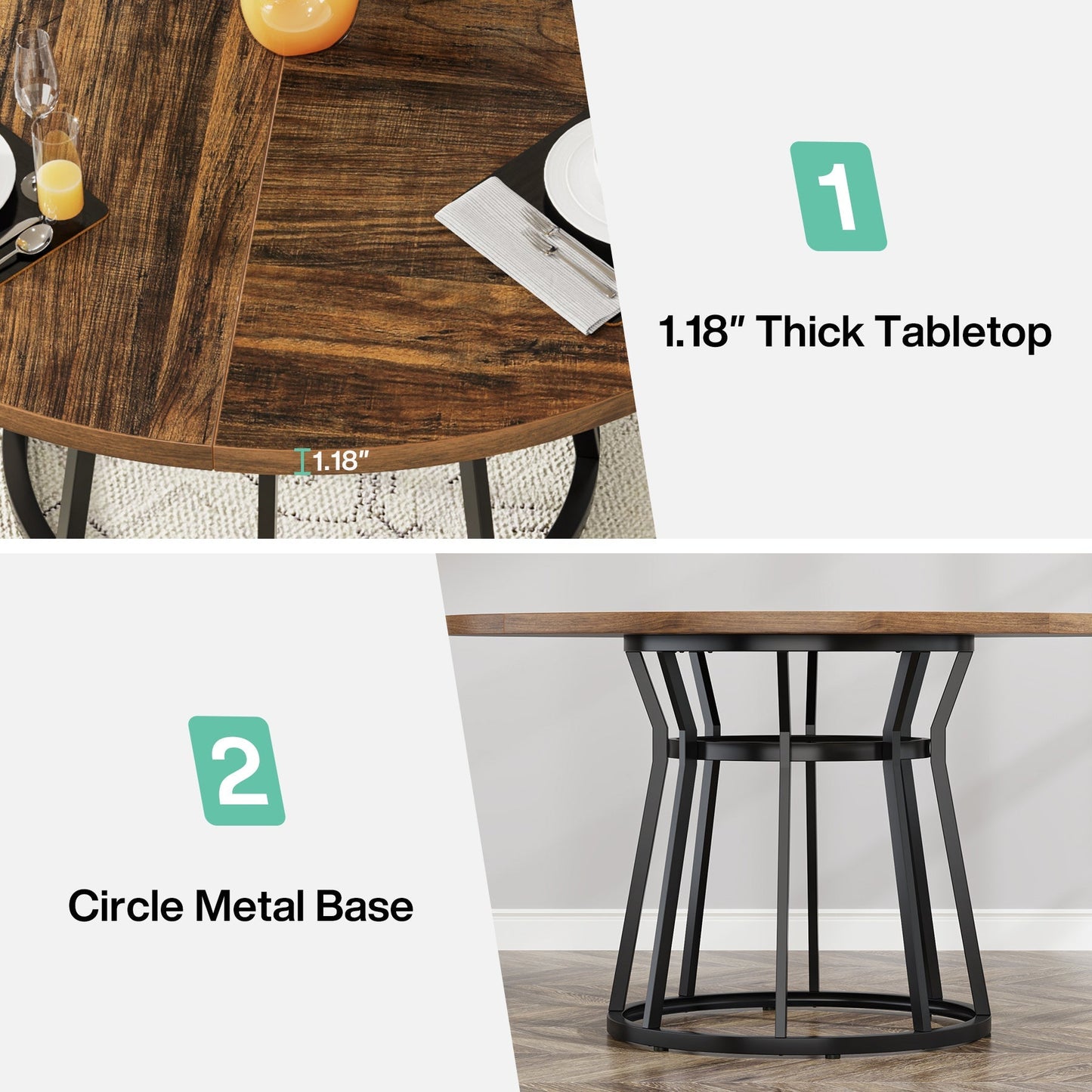 Round Dining Table for 4 People, 47.2" Kitchen Dinner Table with Metal Base Tribesigns