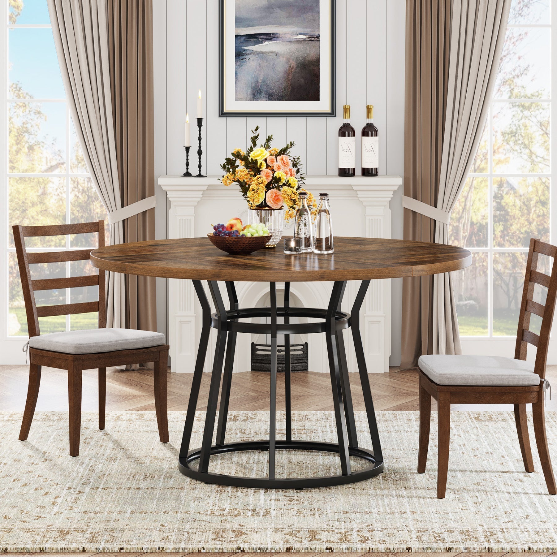 Round Dining Table for 4 People, 47.2" Kitchen Dinner Table with Metal Base Tribesigns