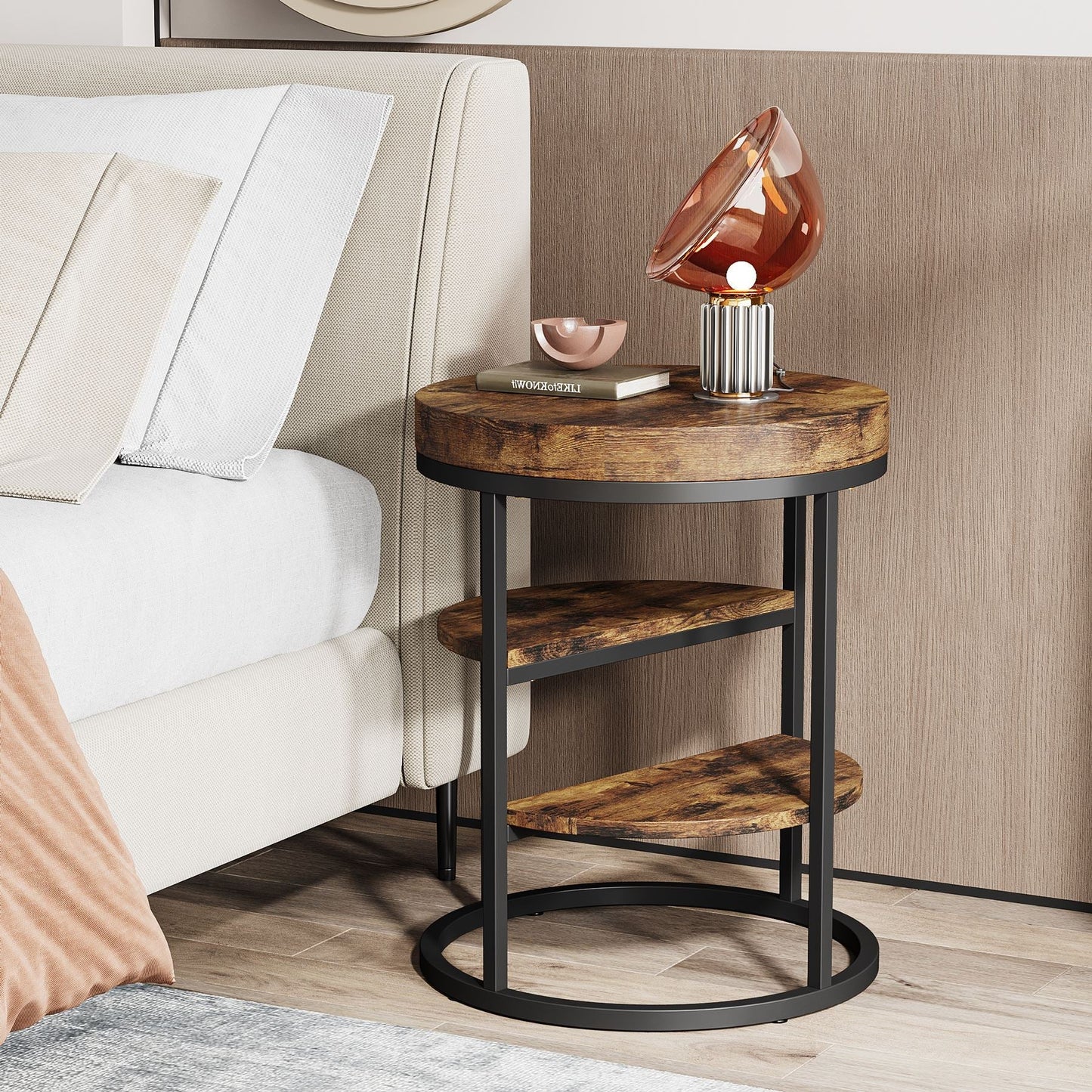 Round End Table, Small Side Table Nightstand with 3 - Tier Shelves Tribesigns