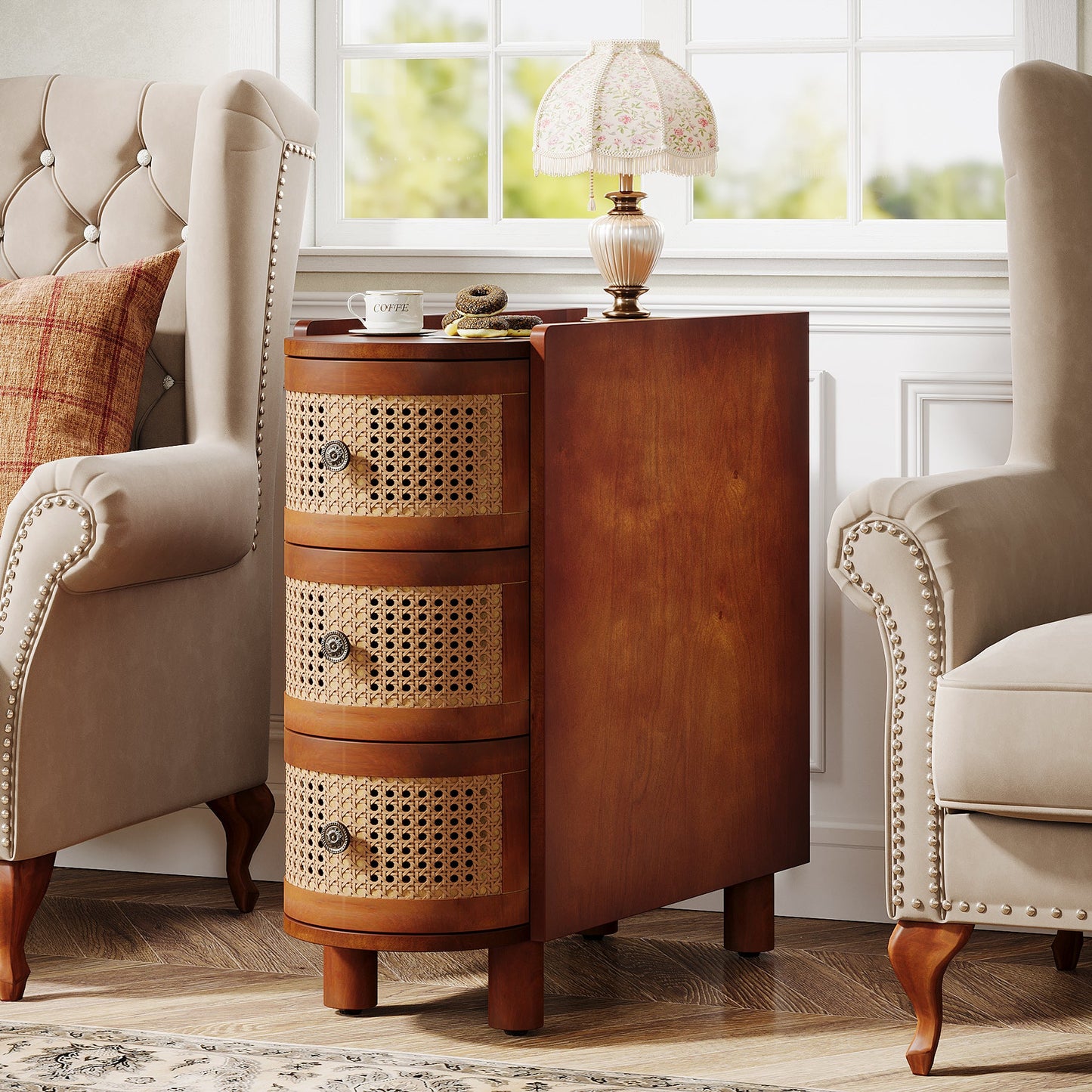 Solid Wood End Table, 3-Drawer Side Table NightStand with 3 Rattan Drawers