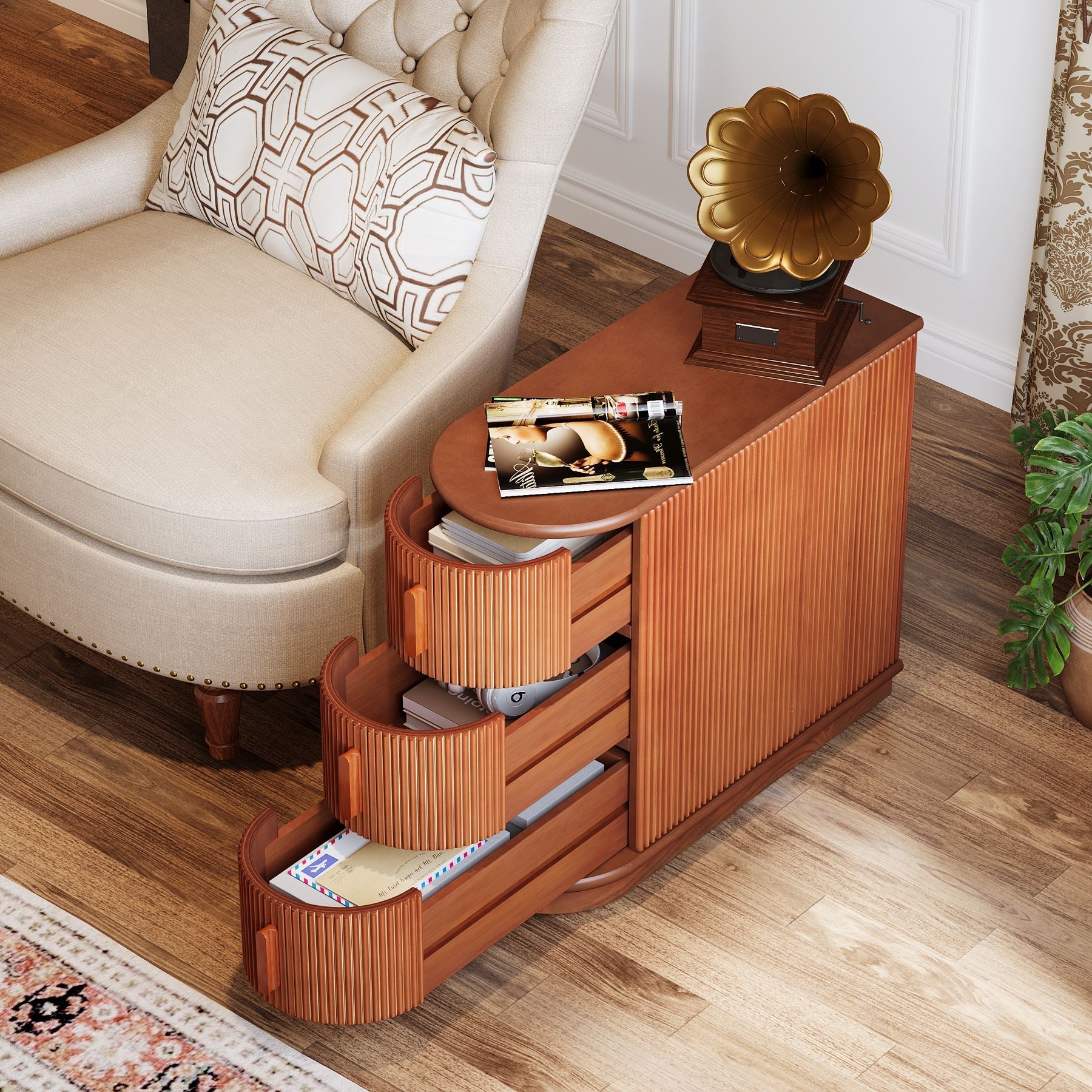 Solid Wood End Table, Narrow Side Table Nightstand with 3-drawer