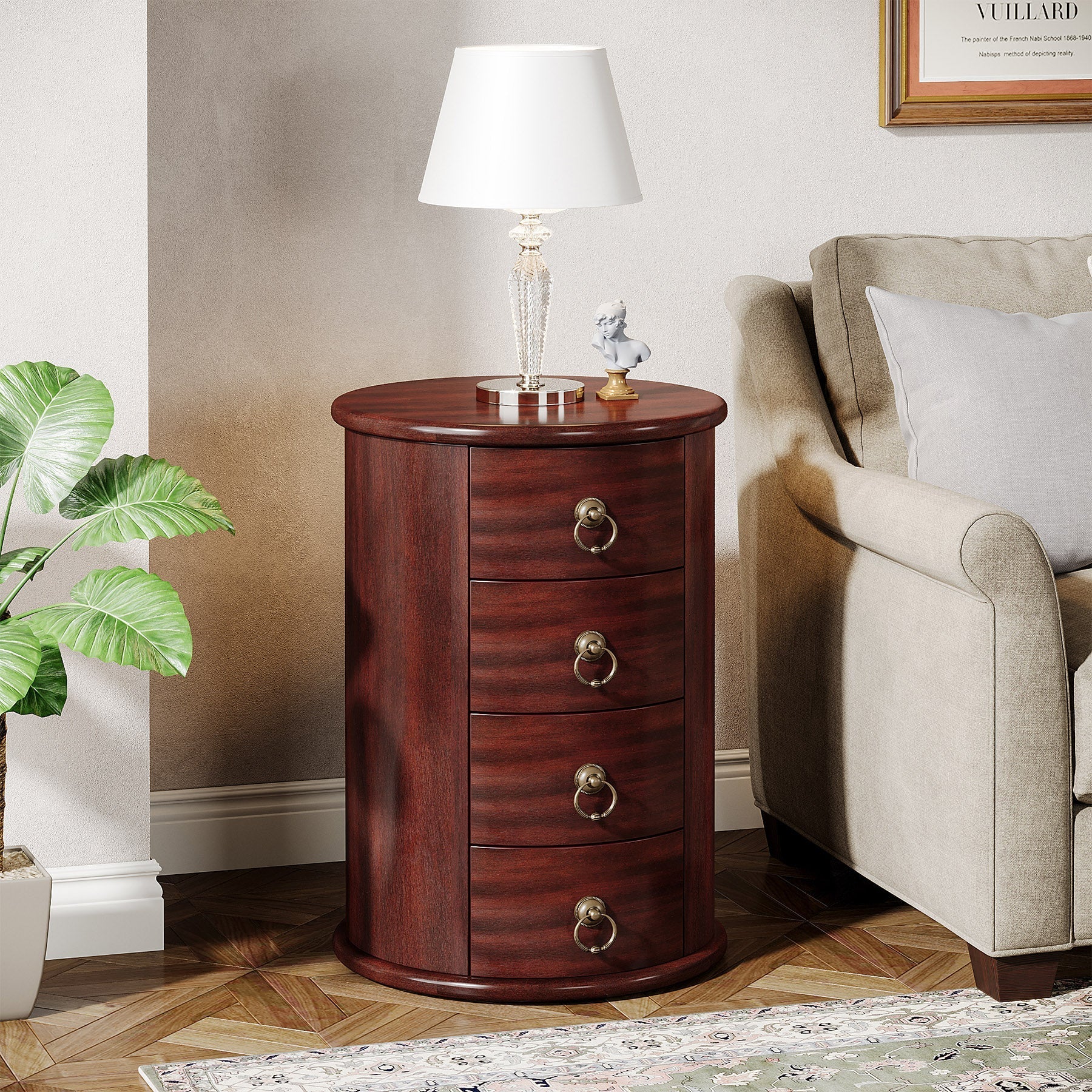 Wood End Table, Round Side Table With 4 Drawers