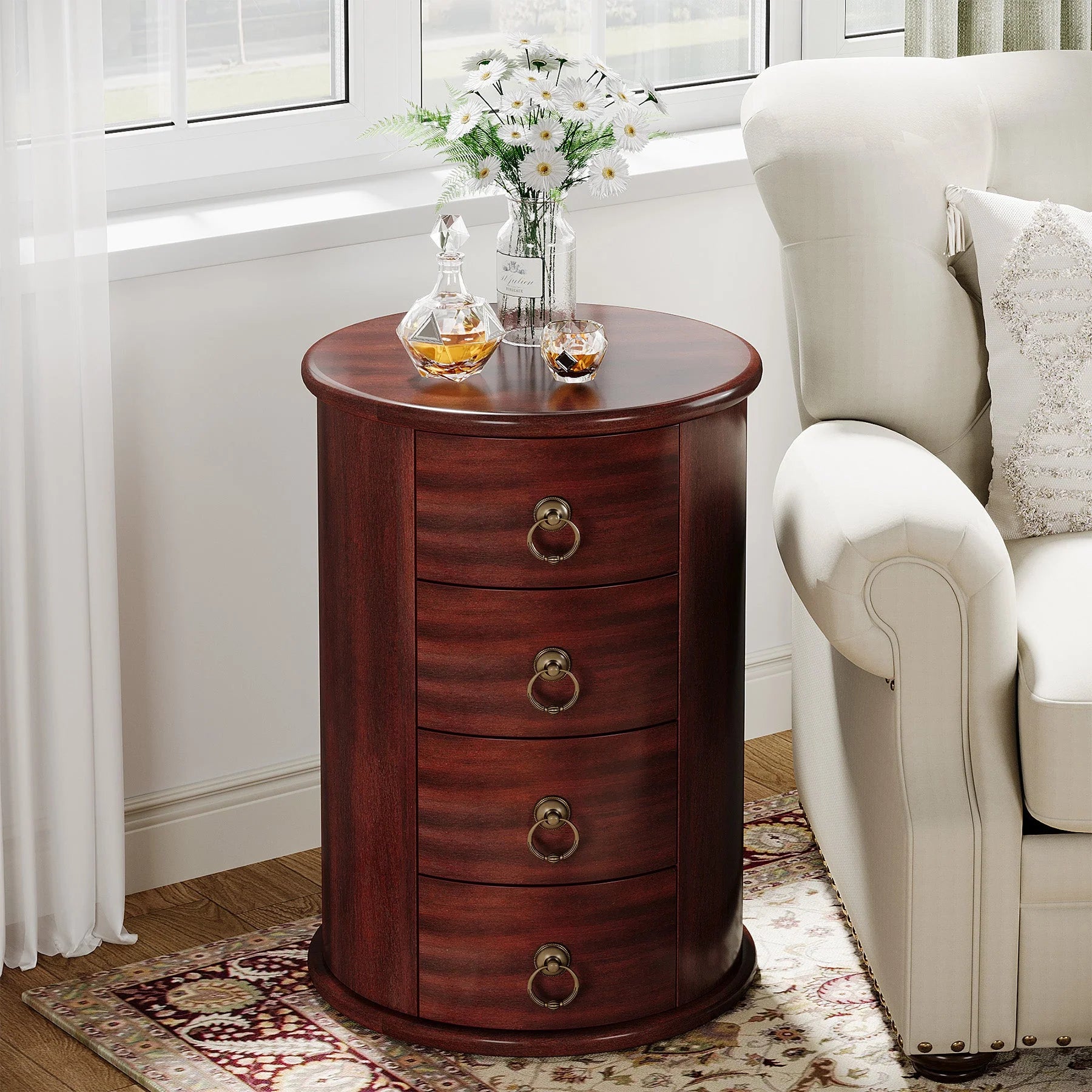 Wood End Table, Round Side Table With 4 Drawers