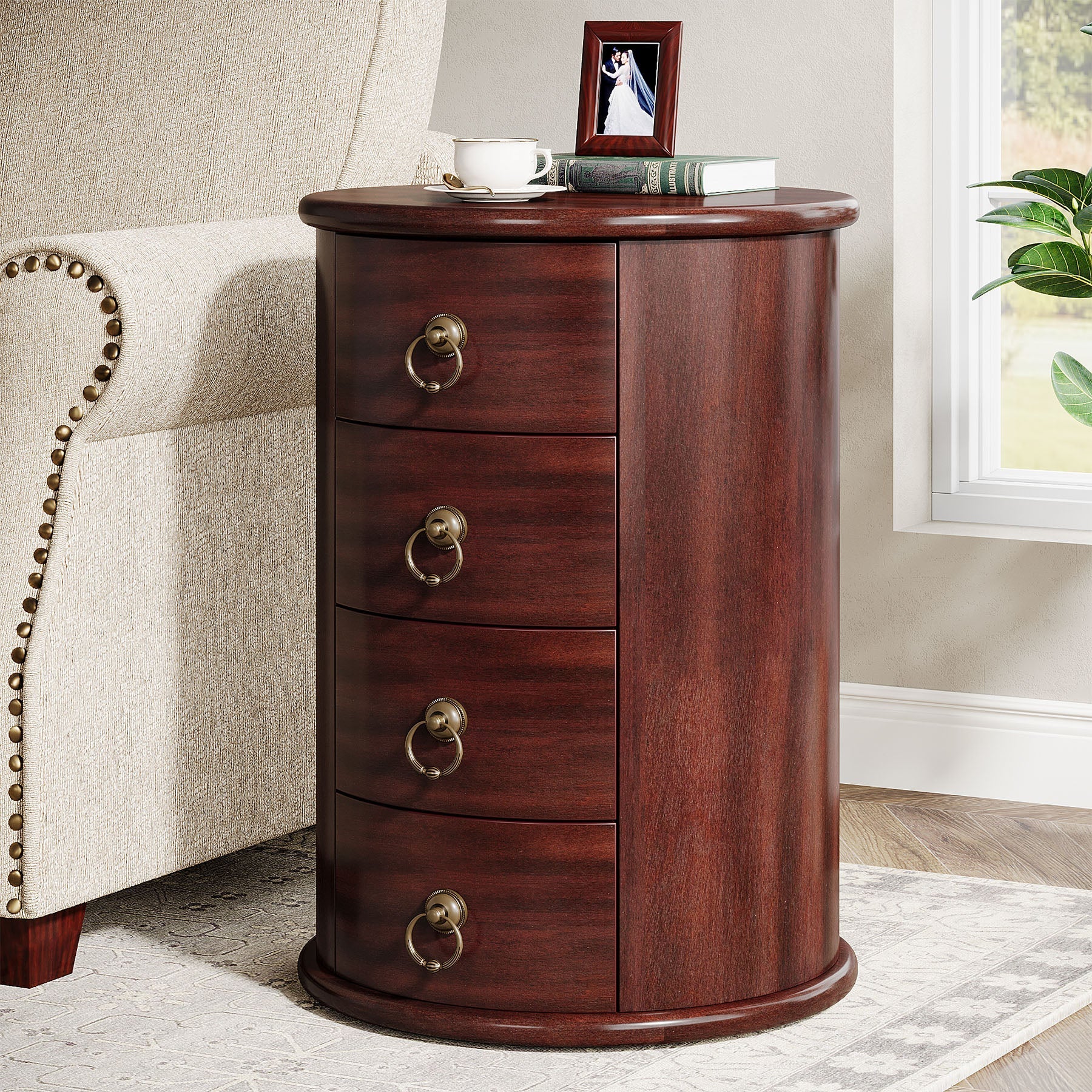 Wood End Table, Round Side Table With 4 Drawers
