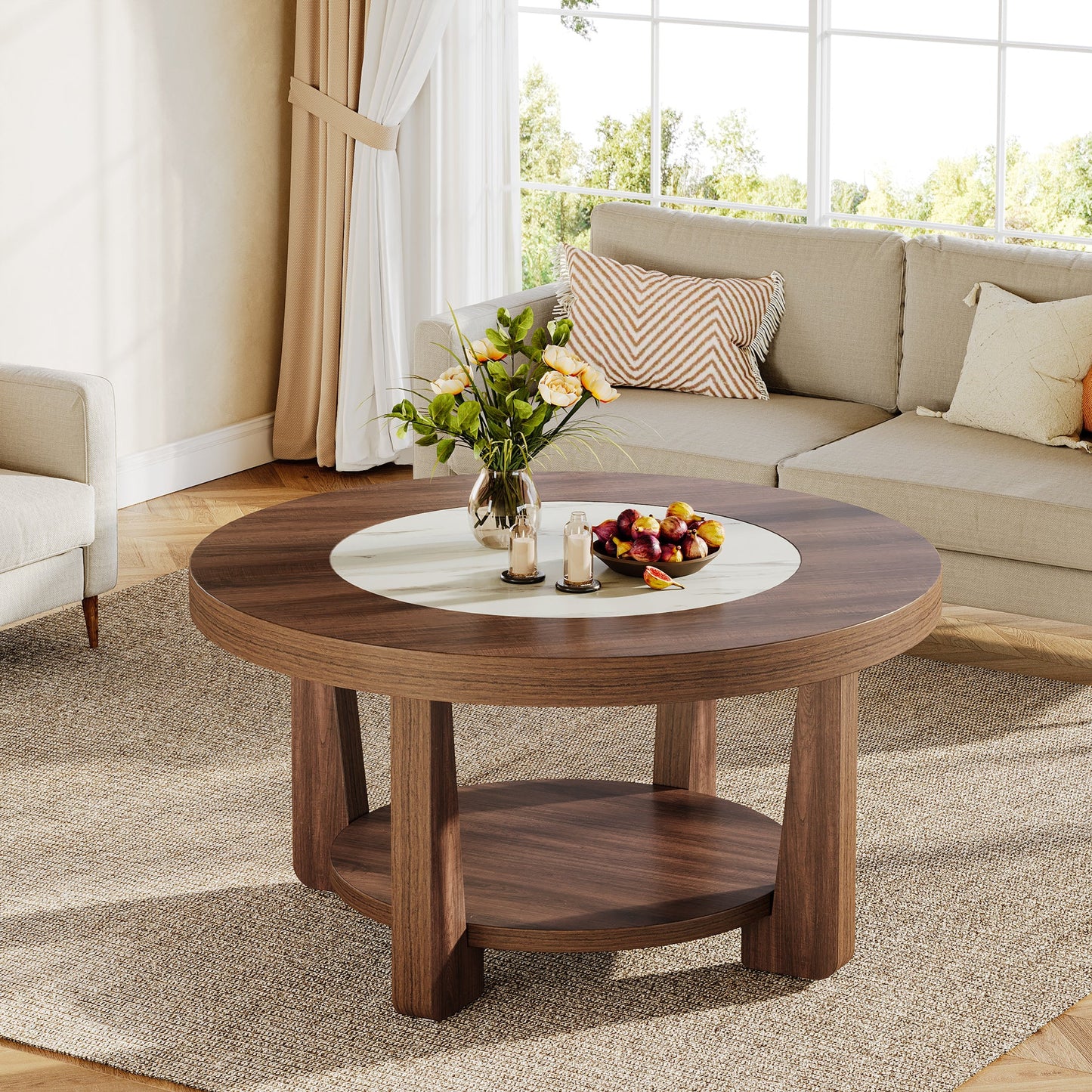 Wood Coffee Table, Round 2-Tier Accent Center Table