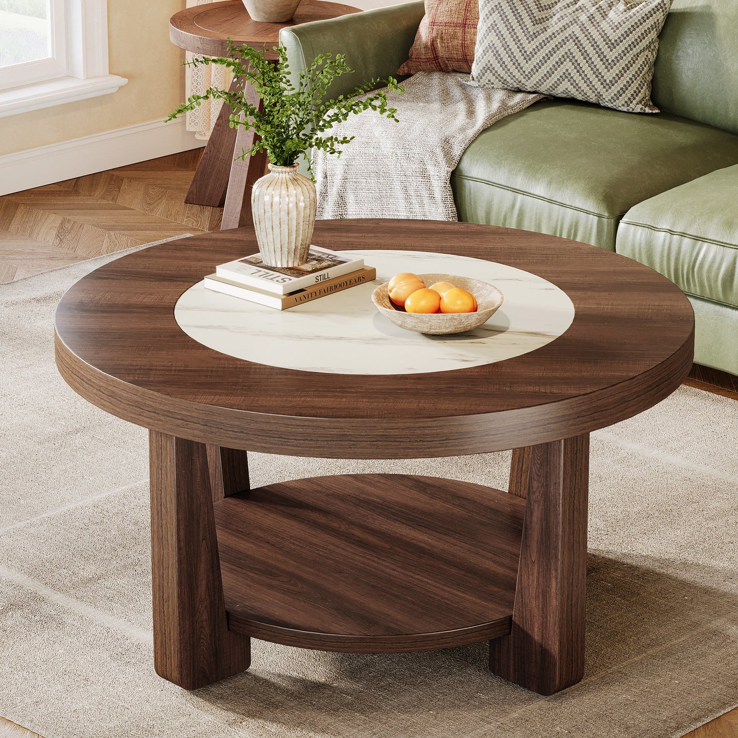 Wood Coffee Table, Round 2-Tier Accent Center Table