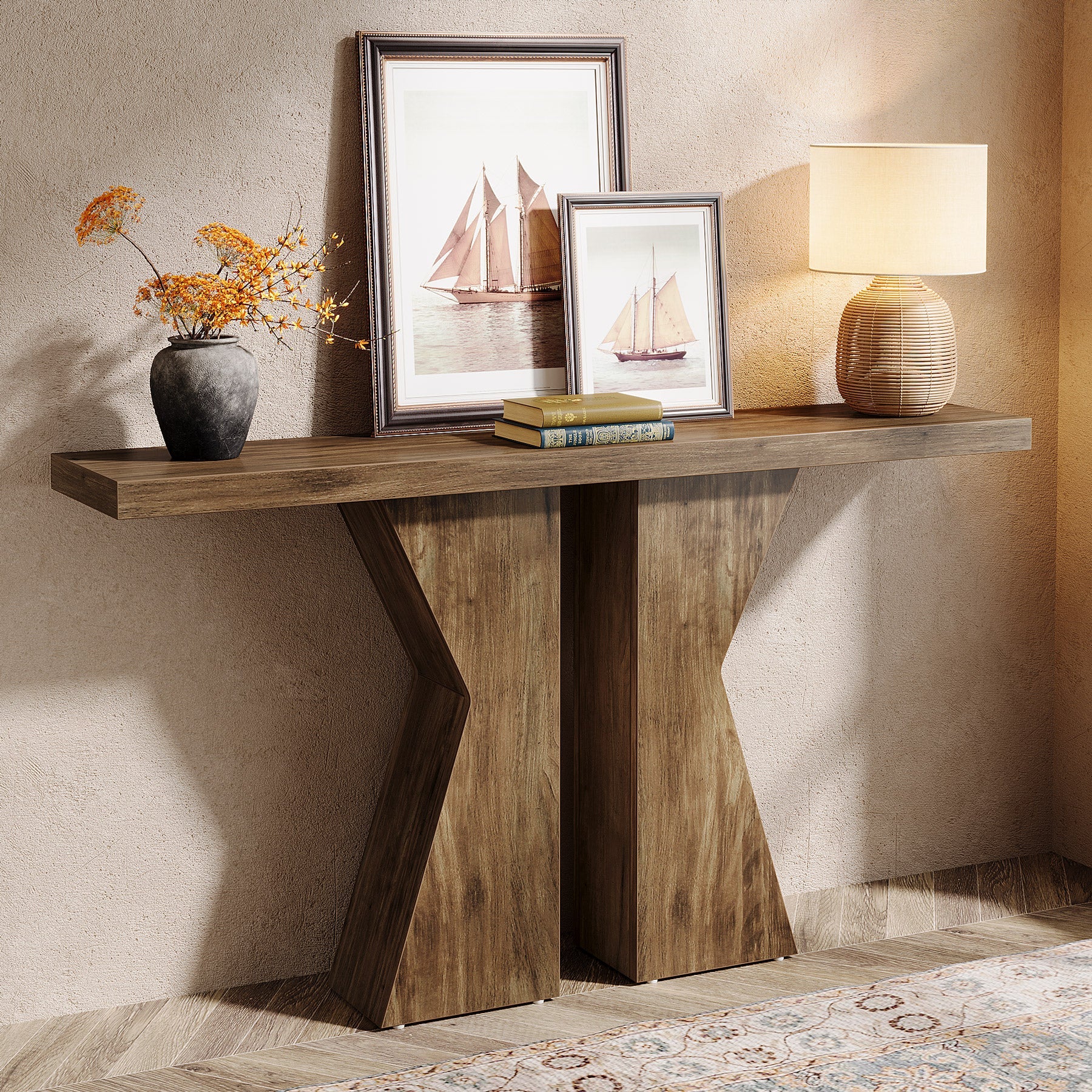 Wood Console Table, 55" Sofa Table Entryway Table with K-Shaped Frame