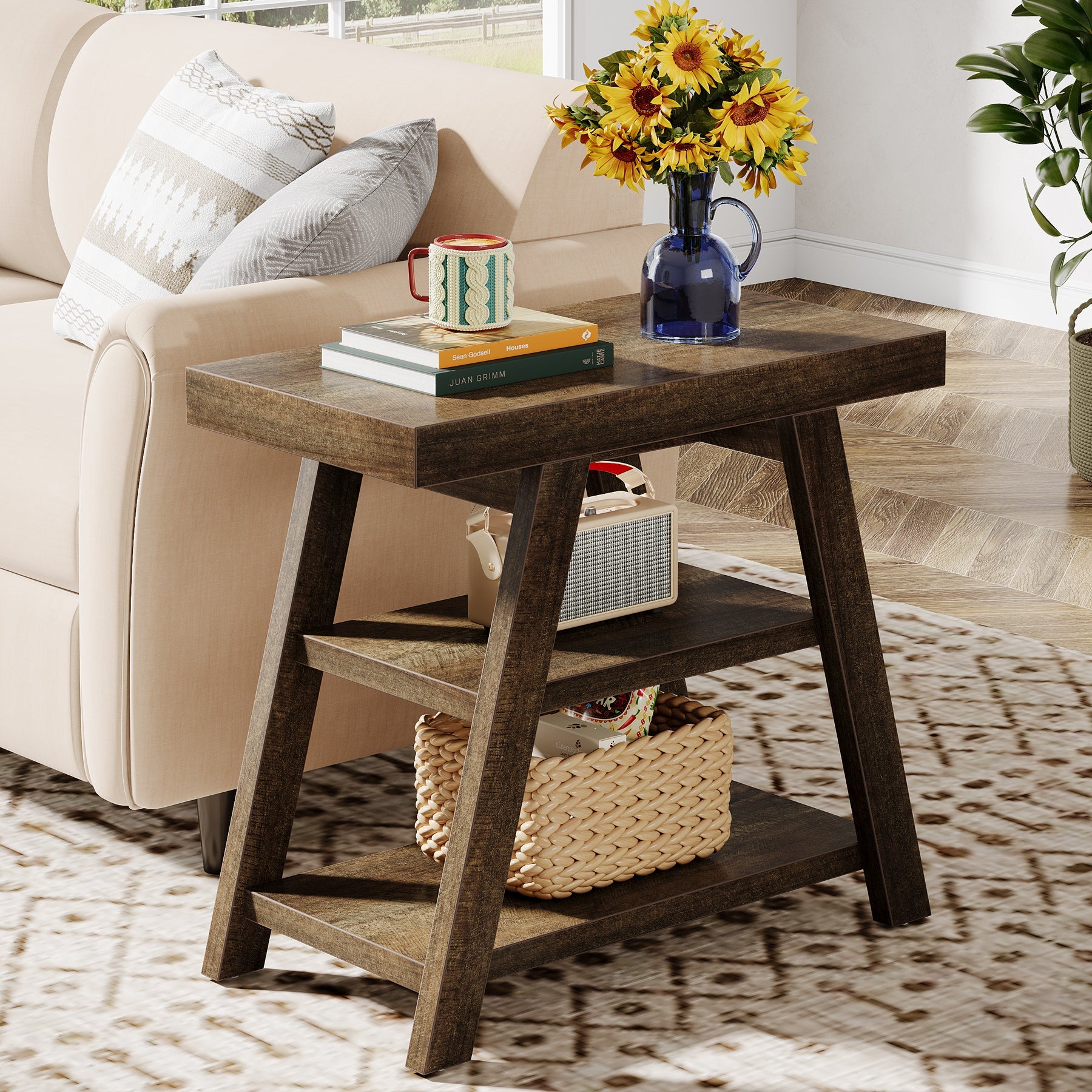 23.62-Inch Farmhouse End Table with 3-Tier Storage Shelves, Narrow Sofa Side Table for Living Room