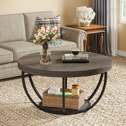 Round Wooden Coffee Table with 2-Tier Shelves