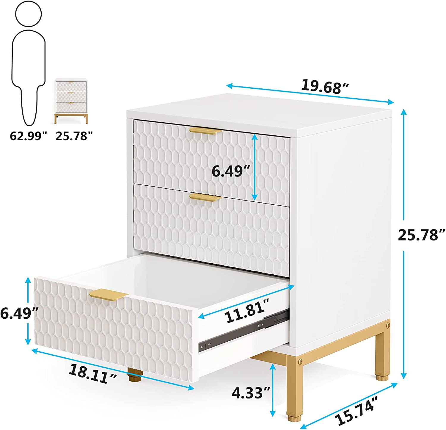 Nightstand, 25.8" Tall Bedside Table with 3 Drawers Tribesigns