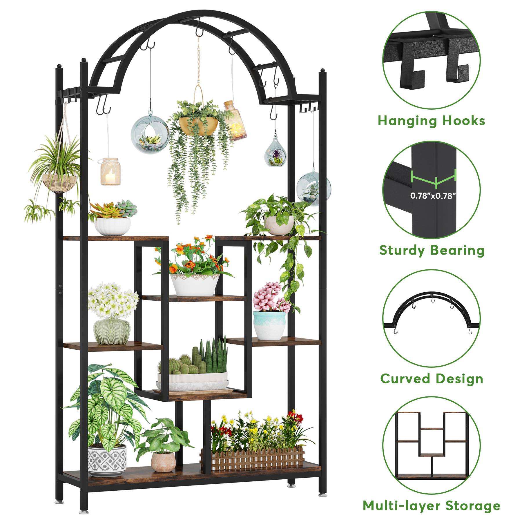 Arched Plant Stand, 74.8" Flower Stands with Hanging Hooks Tribesigns