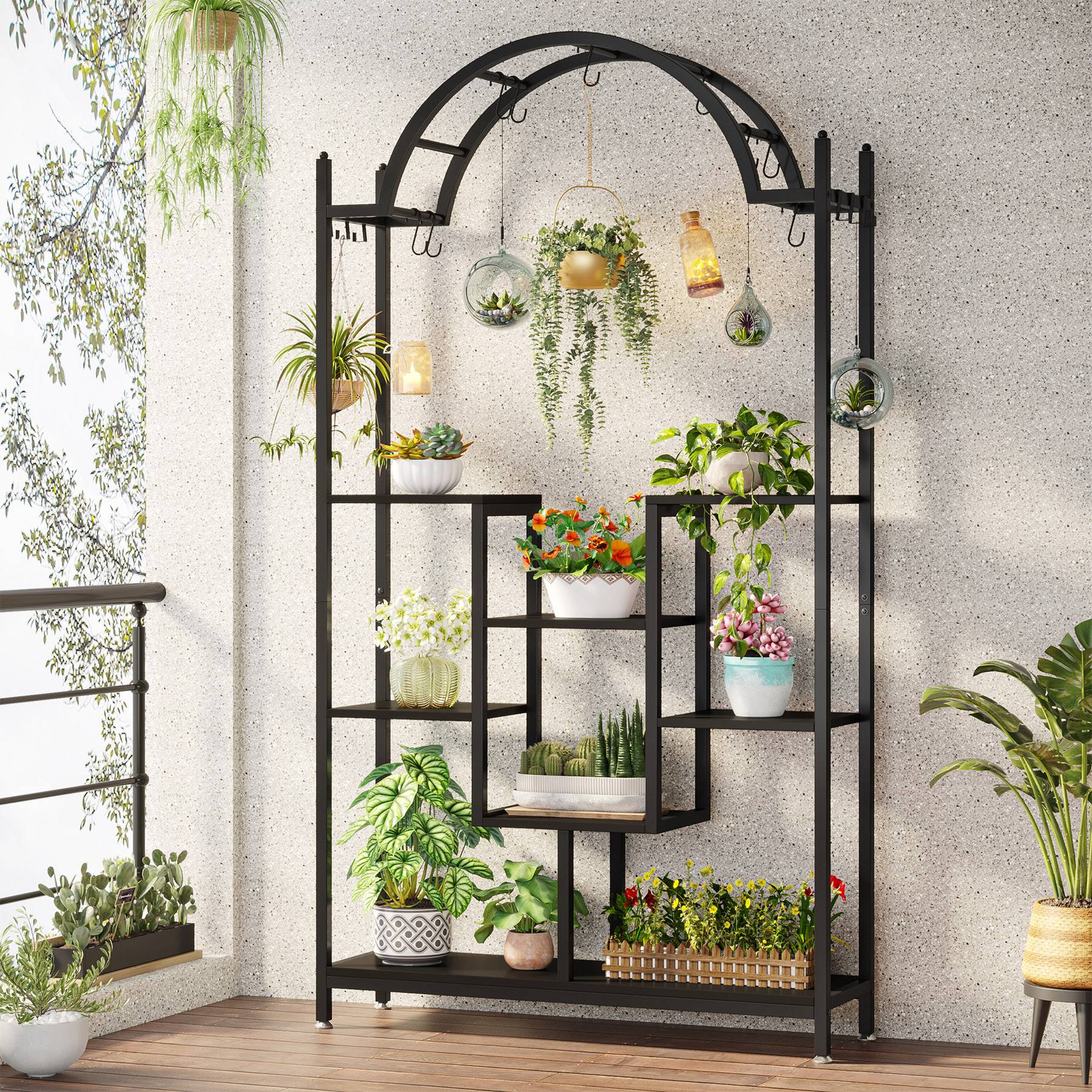 Arched Plant Stand, 74.8" Flower Stands with Hanging Hooks Tribesigns