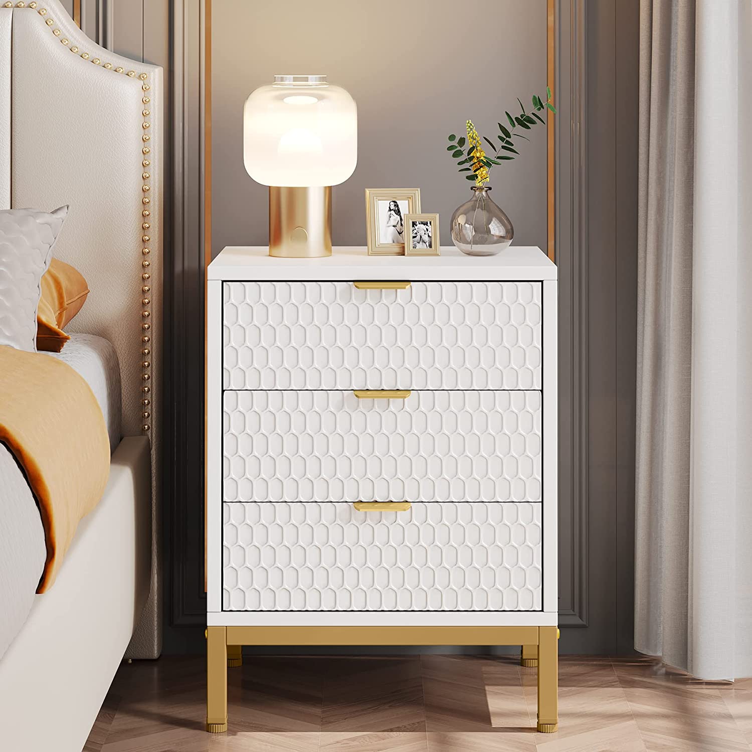 Modern Nightstand, 25.8" Tall Bedside Table with 3 Drawers