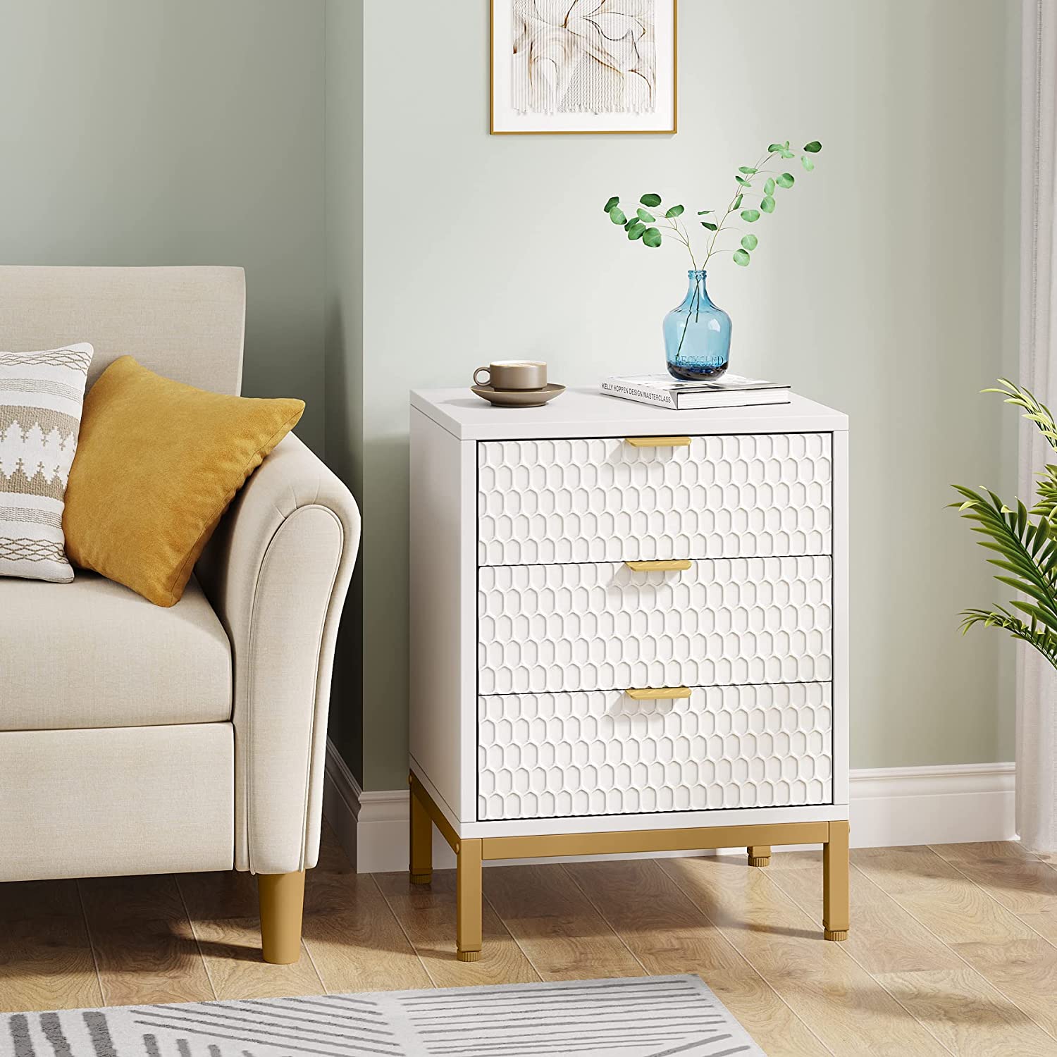 Modern Nightstand, 25.8" Tall Bedside Table with 3 Drawers
