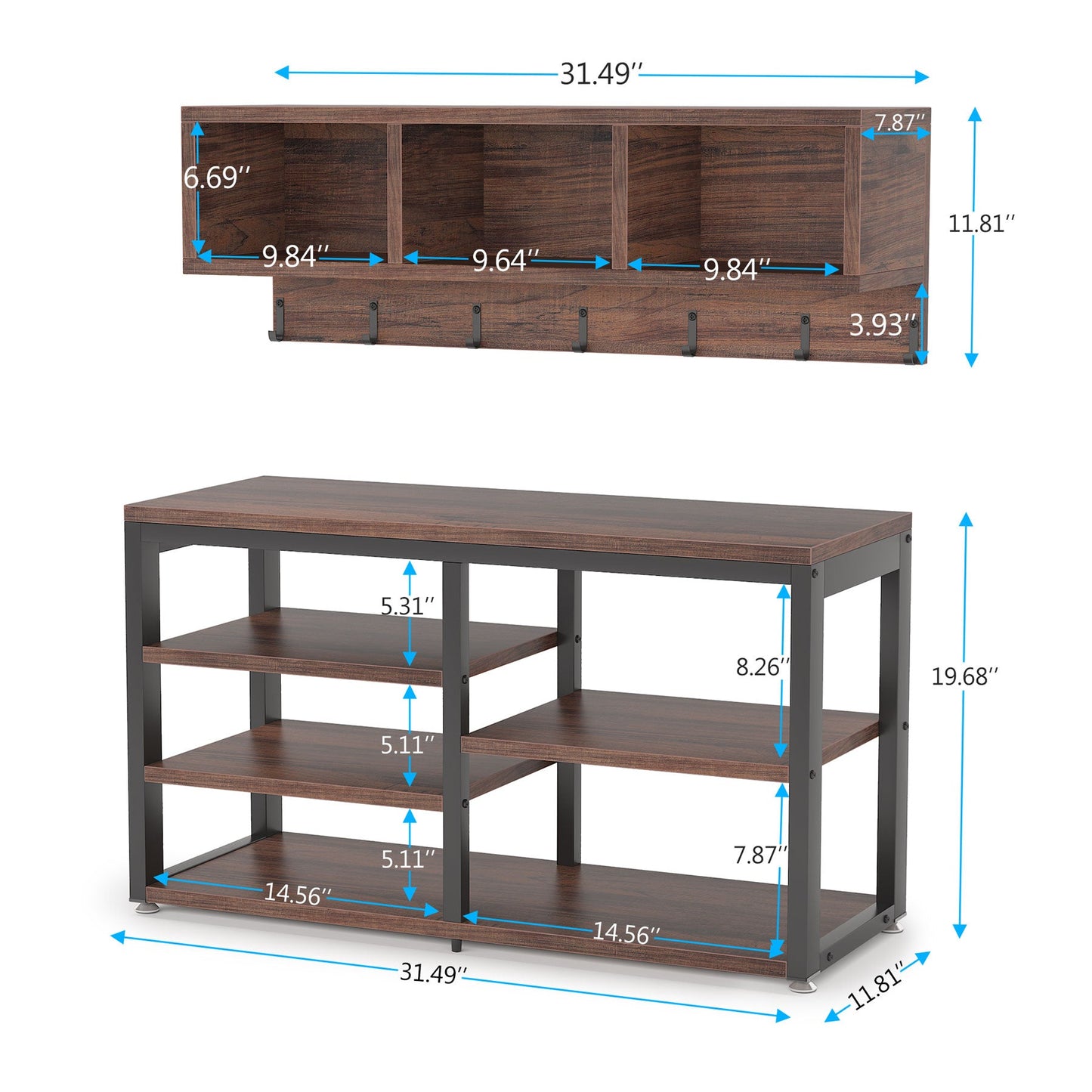 5 IN 1 Coat Rack Shoe Bench Set, Hall Tree with Wall Mounted Shelf Tribesigns